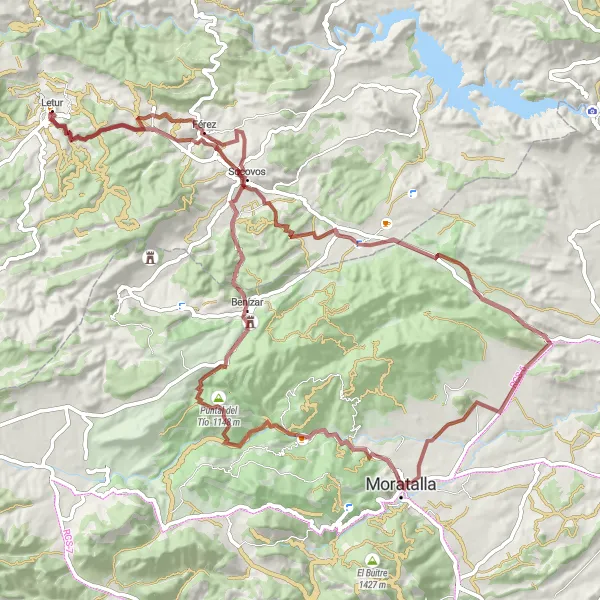 Miniatura della mappa di ispirazione al ciclismo "Challenging Gravel Route to Tazona" nella regione di Región de Murcia, Spain. Generata da Tarmacs.app, pianificatore di rotte ciclistiche