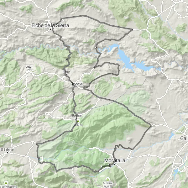 Miniatua del mapa de inspiración ciclista "Ruta en Bicicleta desde Moratalla hacia Elche de la Sierra" en Región de Murcia, Spain. Generado por Tarmacs.app planificador de rutas ciclistas