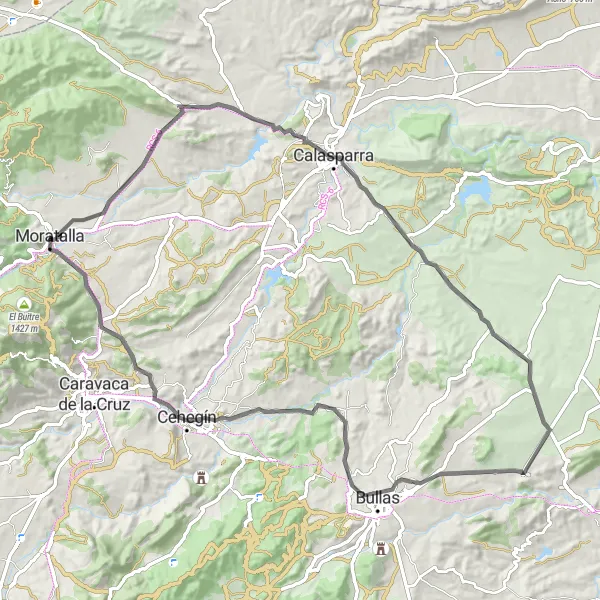 Miniaturní mapa "Jízda kolem Moratally a Cehegínu" inspirace pro cyklisty v oblasti Región de Murcia, Spain. Vytvořeno pomocí plánovače tras Tarmacs.app