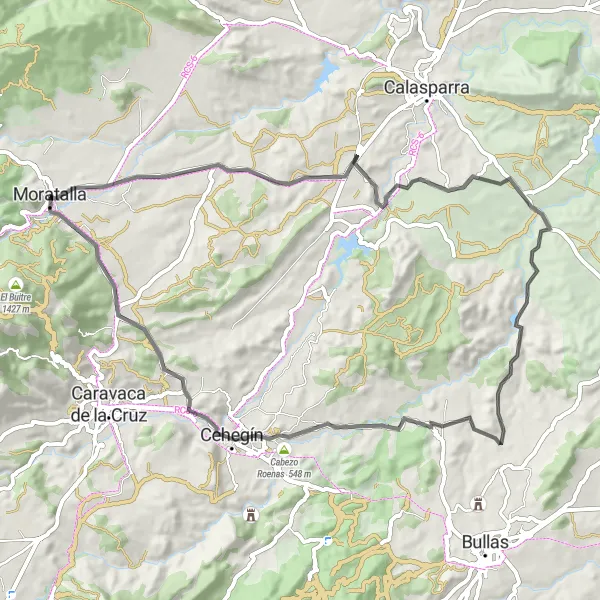 Miniature de la carte de l'inspiration cycliste "Le Circuit Historique de Moratalla en Route" dans la Región de Murcia, Spain. Générée par le planificateur d'itinéraire cycliste Tarmacs.app