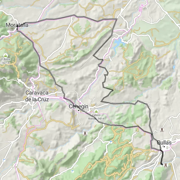 Map miniature of "Spectacular Road Cycling Route near Moratalla" cycling inspiration in Región de Murcia, Spain. Generated by Tarmacs.app cycling route planner