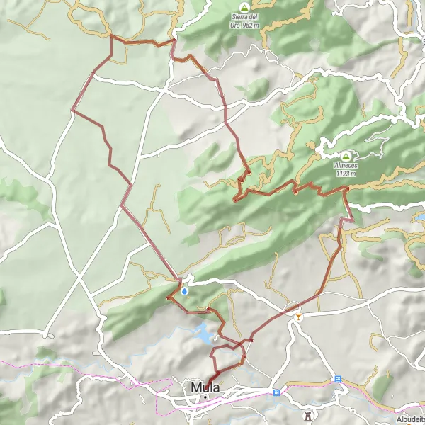 Map miniature of "Gravel Scenic Loop from Mula" cycling inspiration in Región de Murcia, Spain. Generated by Tarmacs.app cycling route planner