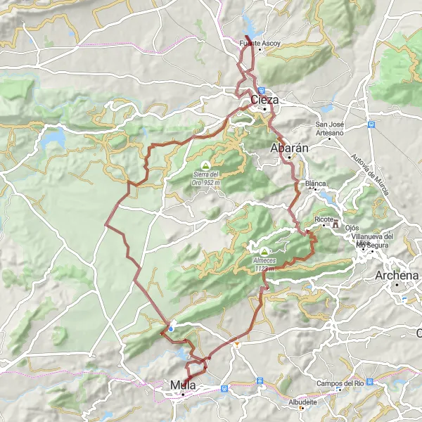 Miniatura mapy "Trasa gravelowa: Mula - La Atalaya - Maripinar - Cieza - Tollos - Torre del Reloj" - trasy rowerowej w Región de Murcia, Spain. Wygenerowane przez planer tras rowerowych Tarmacs.app