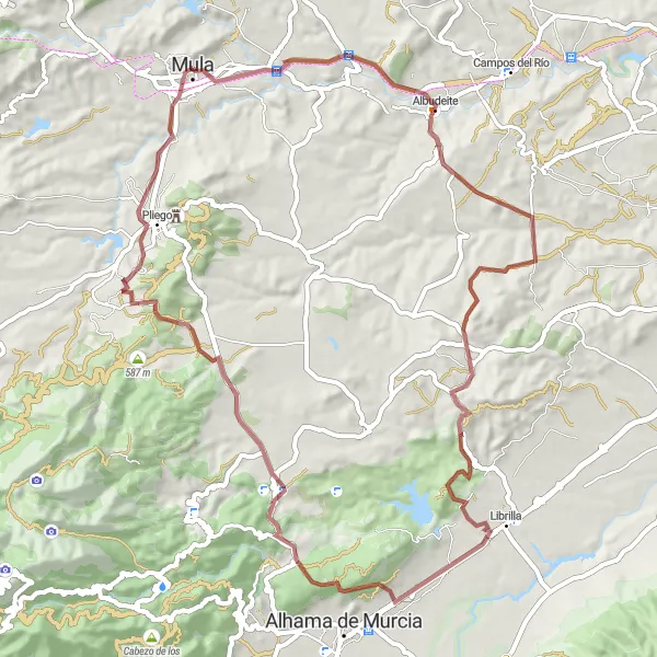 Miniaturní mapa "Cyklistická trasa okolo Muly (gravel)" inspirace pro cyklisty v oblasti Región de Murcia, Spain. Vytvořeno pomocí plánovače tras Tarmacs.app