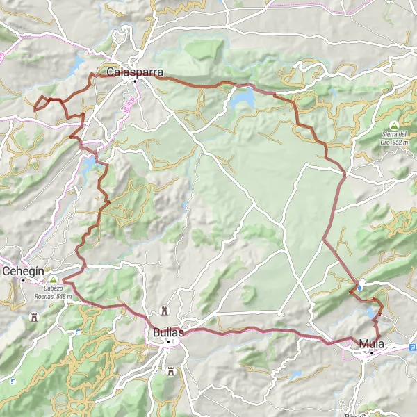 Miniatura della mappa di ispirazione al ciclismo "Tour in bicicletta gravel da Mula a Calasparra" nella regione di Región de Murcia, Spain. Generata da Tarmacs.app, pianificatore di rotte ciclistiche