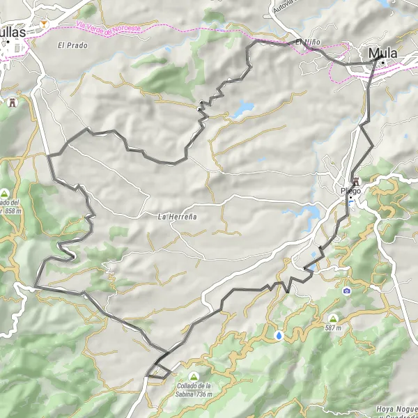 Miniature de la carte de l'inspiration cycliste "Tour de montagne à Pliego et Mula" dans la Región de Murcia, Spain. Générée par le planificateur d'itinéraire cycliste Tarmacs.app