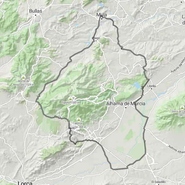 Miniatuurkaart van de fietsinspiratie "Uitdagende rondrit van Mula naar Totana" in Región de Murcia, Spain. Gemaakt door de Tarmacs.app fietsrouteplanner