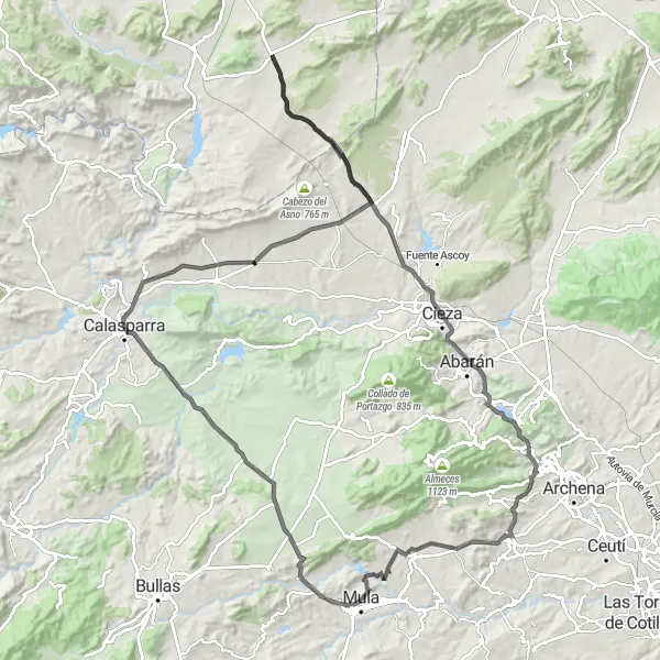 Miniatua del mapa de inspiración ciclista "Ruta en Carretera a Calasparra" en Región de Murcia, Spain. Generado por Tarmacs.app planificador de rutas ciclistas