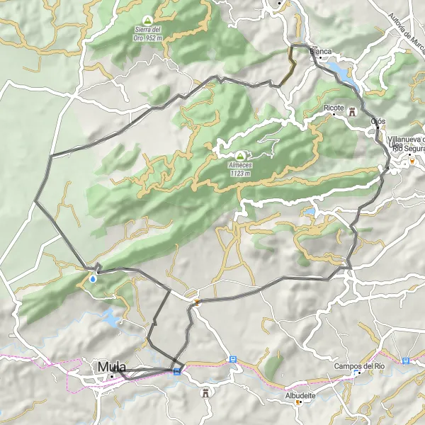 Map miniature of "Road Cycling Tour to Alto de Bayna" cycling inspiration in Región de Murcia, Spain. Generated by Tarmacs.app cycling route planner