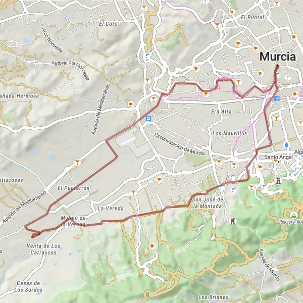 Miniatura mapy "Trasa gravelowa przez El Palmar, Alcantarilla, Palacio Episcopal de Murcia" - trasy rowerowej w Región de Murcia, Spain. Wygenerowane przez planer tras rowerowych Tarmacs.app