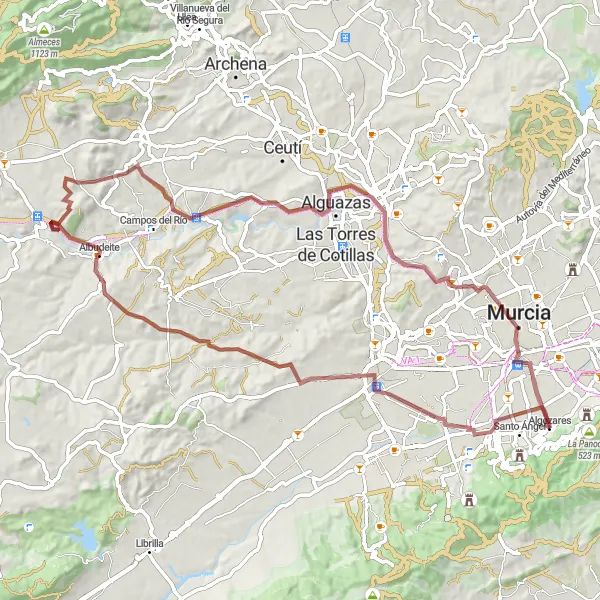 Miniatura della mappa di ispirazione al ciclismo "Avventura Gravel attraverso Alcantarilla e Albudeite" nella regione di Región de Murcia, Spain. Generata da Tarmacs.app, pianificatore di rotte ciclistiche