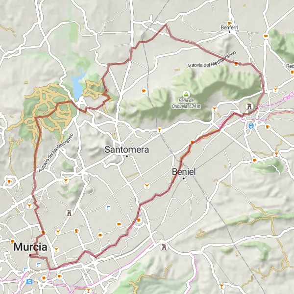 Miniatua del mapa de inspiración ciclista "Aventura en bicicleta de grava por Cabezo de Torres" en Región de Murcia, Spain. Generado por Tarmacs.app planificador de rutas ciclistas
