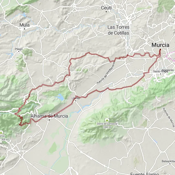 Miniatua del mapa de inspiración ciclista "Ruta de aventura en bicicleta de grava por Aljucer" en Región de Murcia, Spain. Generado por Tarmacs.app planificador de rutas ciclistas