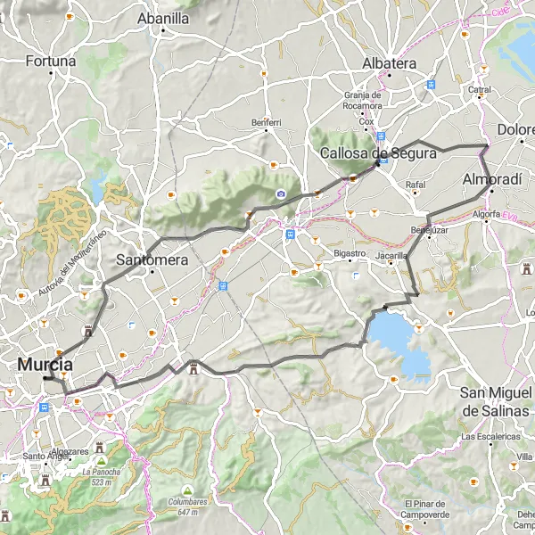 Miniatua del mapa de inspiración ciclista "Ruta ciclista por carretera por Monteagudo" en Región de Murcia, Spain. Generado por Tarmacs.app planificador de rutas ciclistas