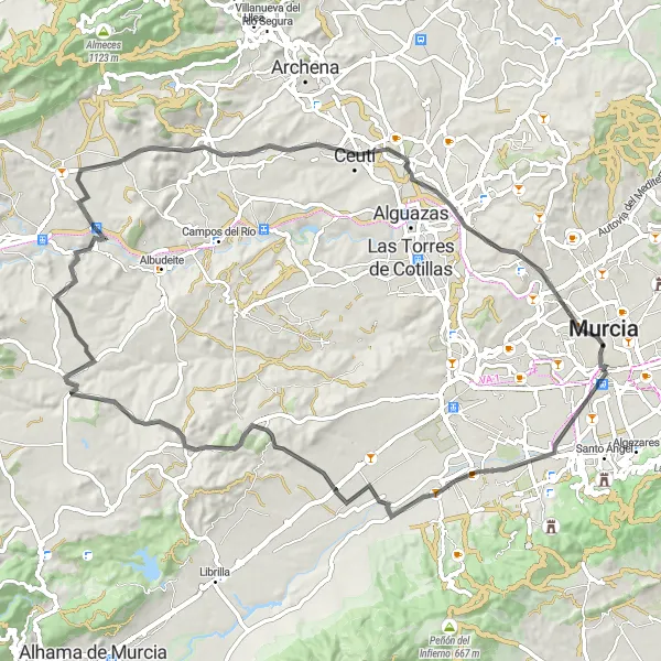 Karten-Miniaturansicht der Radinspiration "Auf den Spuren von Murcias Geschichte" in Región de Murcia, Spain. Erstellt vom Tarmacs.app-Routenplaner für Radtouren