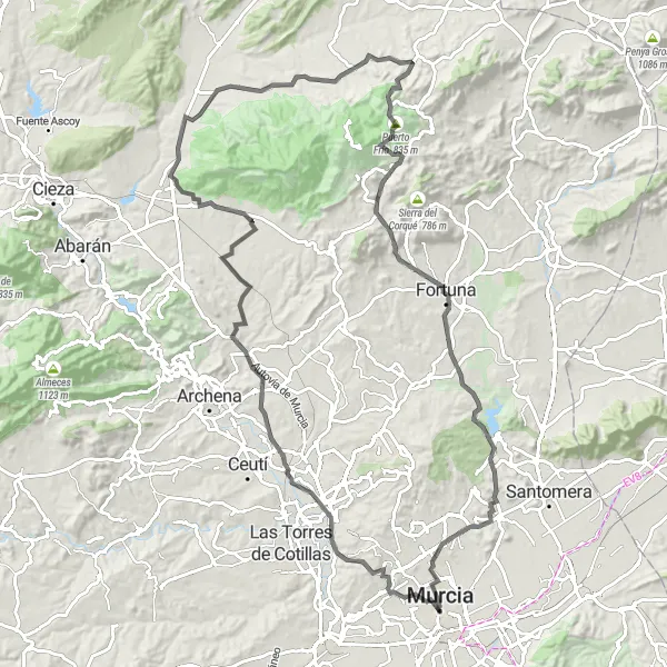 Miniatuurkaart van de fietsinspiratie "Uitdagende wegfietsroute van 114 kilometer met prachtige hoogtepunten" in Región de Murcia, Spain. Gemaakt door de Tarmacs.app fietsrouteplanner