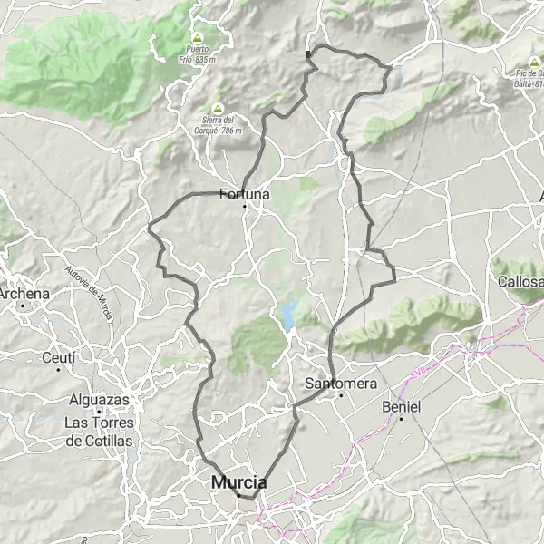 Miniatua del mapa de inspiración ciclista "Desafío en bicicleta por carretera en Murcia" en Región de Murcia, Spain. Generado por Tarmacs.app planificador de rutas ciclistas