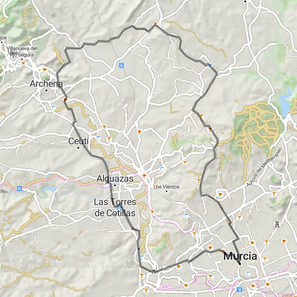 Miniatura della mappa di ispirazione al ciclismo "Tour in Bicicletta su Strada tra Rueda de La Ñora e Churra" nella regione di Región de Murcia, Spain. Generata da Tarmacs.app, pianificatore di rotte ciclistiche