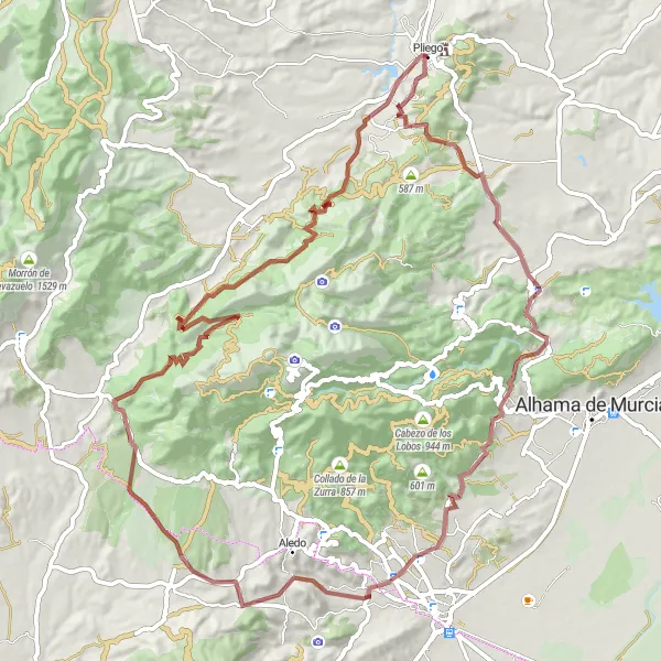 Miniatura della mappa di ispirazione al ciclismo "Avventura montuosa intorno a Pliego" nella regione di Región de Murcia, Spain. Generata da Tarmacs.app, pianificatore di rotte ciclistiche