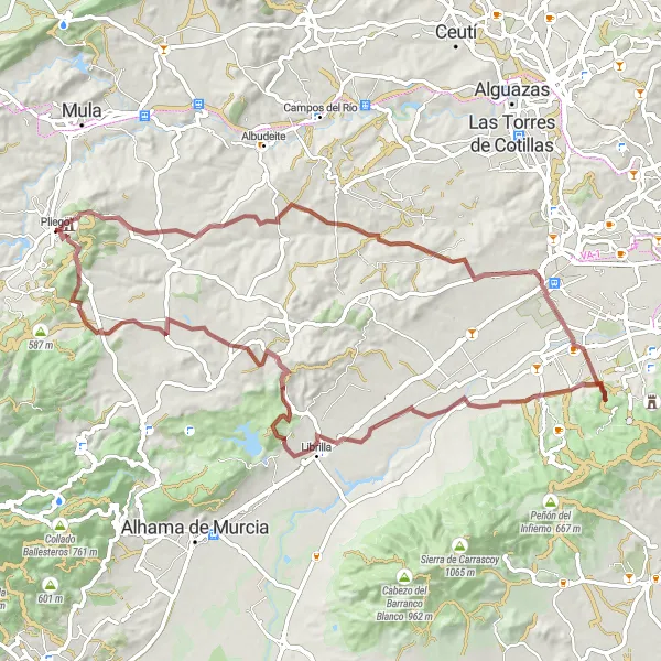 Miniature de la carte de l'inspiration cycliste "Escapade Vers le Castillo de Pliego" dans la Región de Murcia, Spain. Générée par le planificateur d'itinéraire cycliste Tarmacs.app