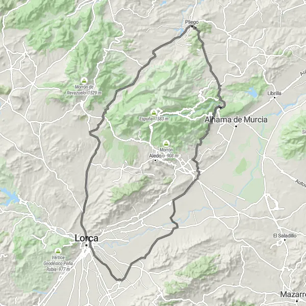 Miniature de la carte de l'inspiration cycliste "Parcours Épique de Pliego à Totana" dans la Región de Murcia, Spain. Générée par le planificateur d'itinéraire cycliste Tarmacs.app