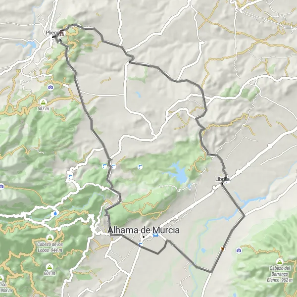 Miniaturní mapa "Povýšení na cestě kolem Pliega" inspirace pro cyklisty v oblasti Región de Murcia, Spain. Vytvořeno pomocí plánovače tras Tarmacs.app