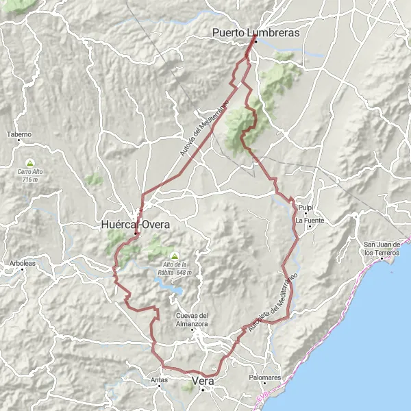 Miniatura della mappa di ispirazione al ciclismo "Rotta ciclistica panoramica intorno a Puerto Lumbreras" nella regione di Región de Murcia, Spain. Generata da Tarmacs.app, pianificatore di rotte ciclistiche