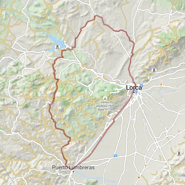 Miniatura della mappa di ispirazione al ciclismo "Giro in bicicletta attraverso il deserto di Murcia" nella regione di Región de Murcia, Spain. Generata da Tarmacs.app, pianificatore di rotte ciclistiche