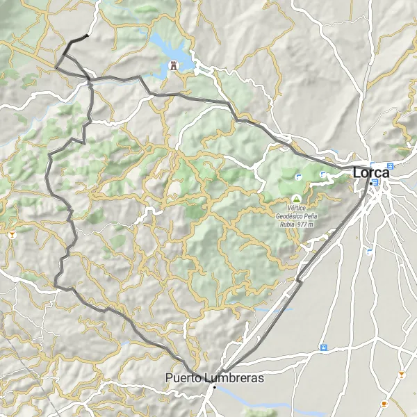 Miniatura della mappa di ispirazione al ciclismo "Percorso in bicicletta su strade asfaltate vicino a Puerto Lumbreras" nella regione di Región de Murcia, Spain. Generata da Tarmacs.app, pianificatore di rotte ciclistiche