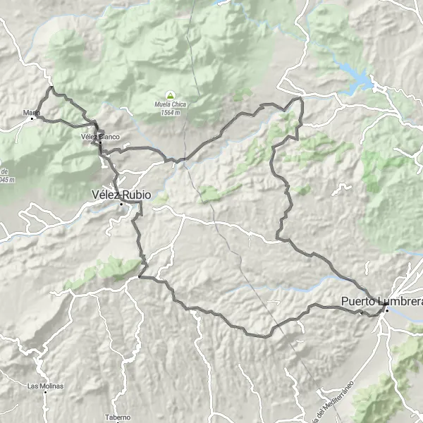 Miniatura della mappa di ispirazione al ciclismo "Emozionante tour in bicicletta attraverso le colline vicino a Puerto Lumbreras" nella regione di Región de Murcia, Spain. Generata da Tarmacs.app, pianificatore di rotte ciclistiche