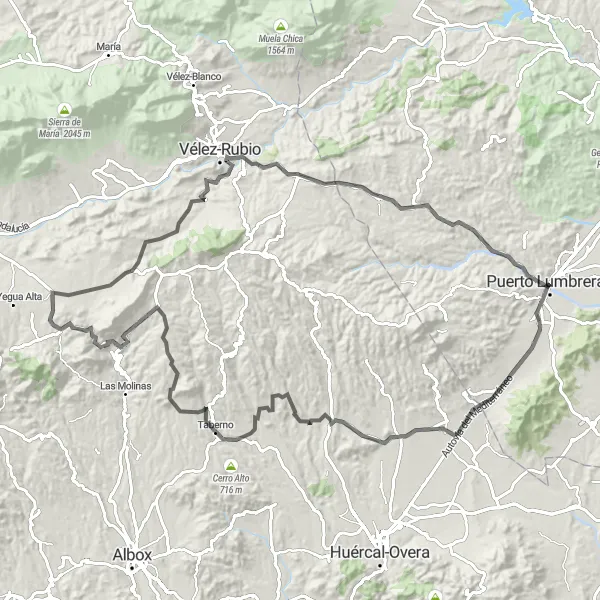 Miniaturekort af cykelinspirationen "Landevejscykelrute: Pico de Las Minas til Vélez-Rubio" i Región de Murcia, Spain. Genereret af Tarmacs.app cykelruteplanlægger