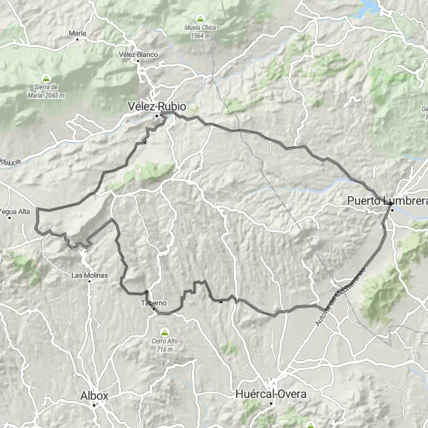 Miniatura della mappa di ispirazione al ciclismo "Tour in bicicletta lungo le strade panoramiche a Puerto Lumbreras" nella regione di Región de Murcia, Spain. Generata da Tarmacs.app, pianificatore di rotte ciclistiche