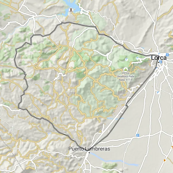 Miniatura della mappa di ispirazione al ciclismo "Ciclismo tra il Castillo de Nogalte e Lorca" nella regione di Región de Murcia, Spain. Generata da Tarmacs.app, pianificatore di rotte ciclistiche