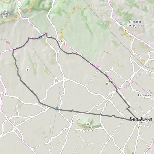 Map miniature of "San Javier Loop" cycling inspiration in Región de Murcia, Spain. Generated by Tarmacs.app cycling route planner