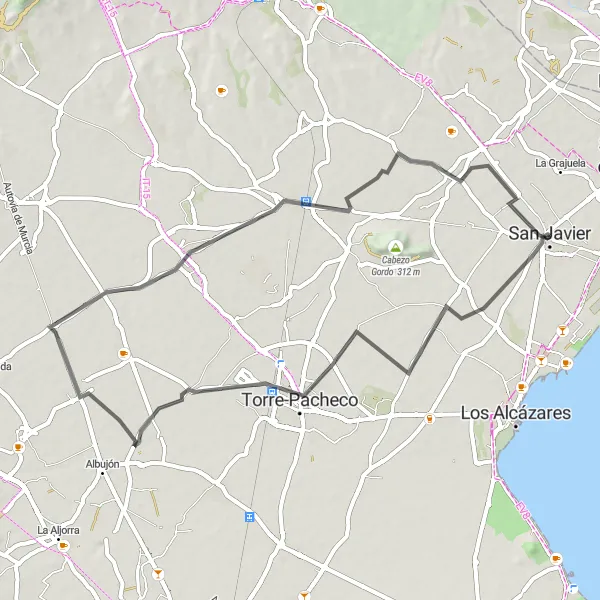 Miniatura della mappa di ispirazione al ciclismo "Percorso in bicicletta di 58 km" nella regione di Región de Murcia, Spain. Generata da Tarmacs.app, pianificatore di rotte ciclistiche