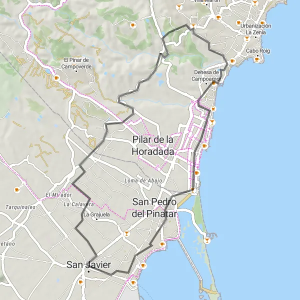 Map miniature of "San Javier - Orihuela Costa Loop" cycling inspiration in Región de Murcia, Spain. Generated by Tarmacs.app cycling route planner