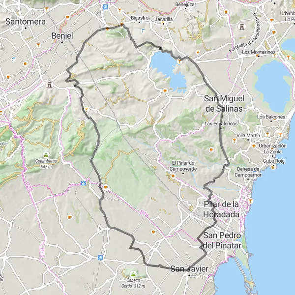 Map miniature of "San Javier to Zeneta" cycling inspiration in Región de Murcia, Spain. Generated by Tarmacs.app cycling route planner