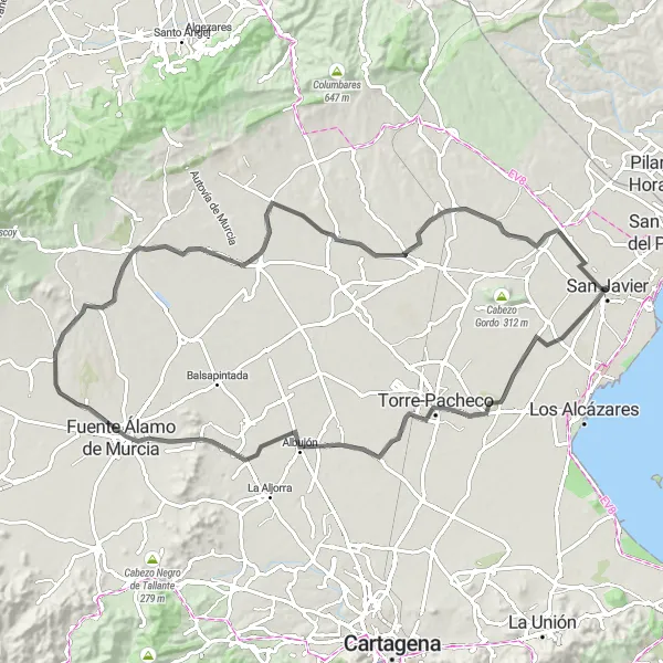 Miniaturní mapa "Okruh kolem San Javier" inspirace pro cyklisty v oblasti Región de Murcia, Spain. Vytvořeno pomocí plánovače tras Tarmacs.app