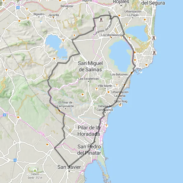Miniatura mapy "Trasa San Javier-Torrevieja" - trasy rowerowej w Región de Murcia, Spain. Wygenerowane przez planer tras rowerowych Tarmacs.app