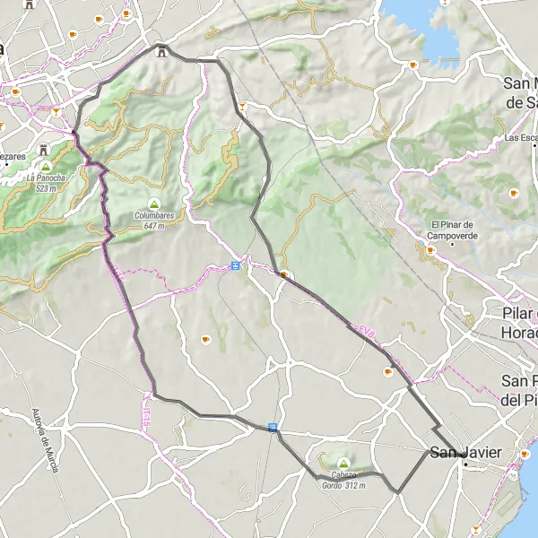 Miniatuurkaart van de fietsinspiratie "Een panoramische fietstocht tussen San Javier en Cabezo Gordo" in Región de Murcia, Spain. Gemaakt door de Tarmacs.app fietsrouteplanner