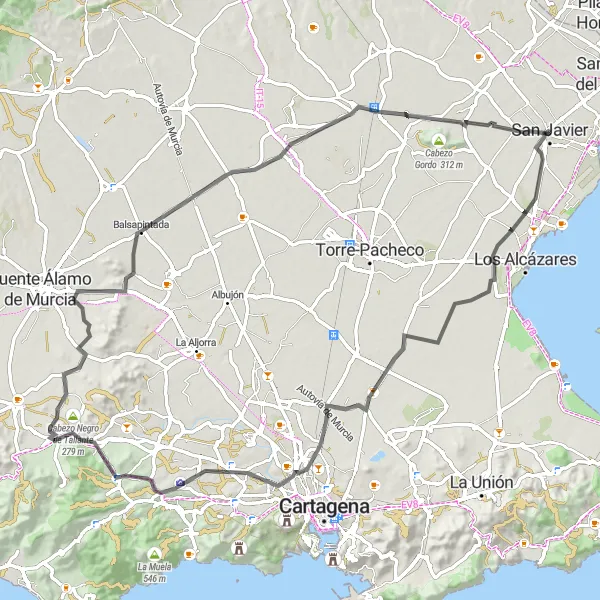 Miniatura della mappa di ispirazione al ciclismo "Tour ciclistico tra San Javier e Balsicas" nella regione di Región de Murcia, Spain. Generata da Tarmacs.app, pianificatore di rotte ciclistiche