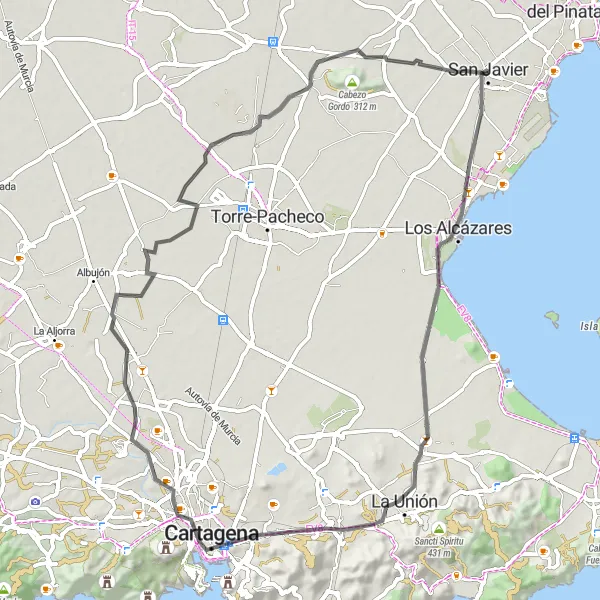 Map miniature of "San Javier Nature Ride" cycling inspiration in Región de Murcia, Spain. Generated by Tarmacs.app cycling route planner