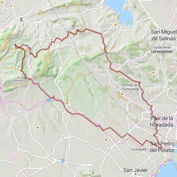 Miniatura della mappa di ispirazione al ciclismo "Giro in bicicletta da San Pedro del Pinatar a Pilar de la Horadada" nella regione di Región de Murcia, Spain. Generata da Tarmacs.app, pianificatore di rotte ciclistiche