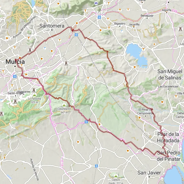Miniatura della mappa di ispirazione al ciclismo "Avventura in gravel da San Pedro del Pinatar a Pilar de la Horadada" nella regione di Región de Murcia, Spain. Generata da Tarmacs.app, pianificatore di rotte ciclistiche