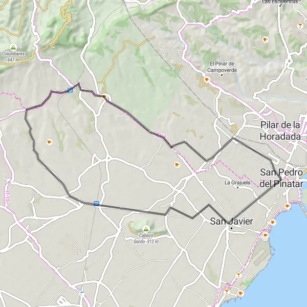 Miniatura della mappa di ispirazione al ciclismo "Giro in bicicletta San Pedro del Pinatar - Balsicas - Sucina" nella regione di Región de Murcia, Spain. Generata da Tarmacs.app, pianificatore di rotte ciclistiche