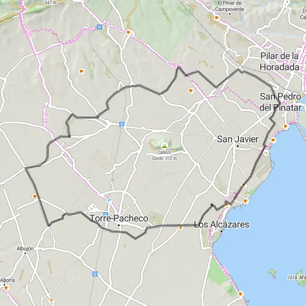 Miniatura della mappa di ispirazione al ciclismo "Percorso in bicicletta San Pedro del Pinatar - Avileses" nella regione di Región de Murcia, Spain. Generata da Tarmacs.app, pianificatore di rotte ciclistiche