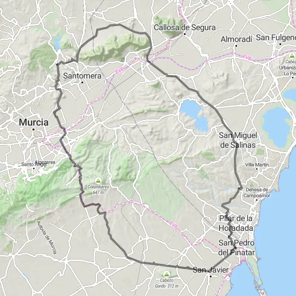 Map miniature of "The Coastal Charm" cycling inspiration in Región de Murcia, Spain. Generated by Tarmacs.app cycling route planner