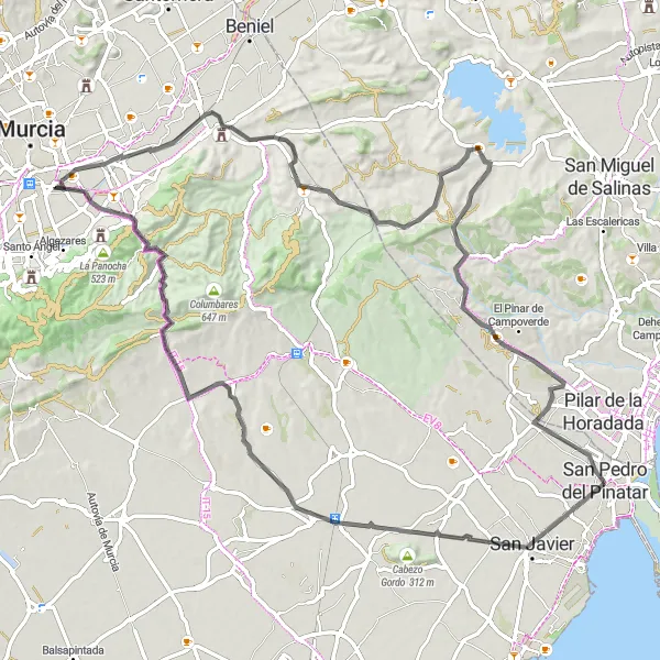 Miniatua del mapa de inspiración ciclista "Recorrido de 100 km por carretera" en Región de Murcia, Spain. Generado por Tarmacs.app planificador de rutas ciclistas