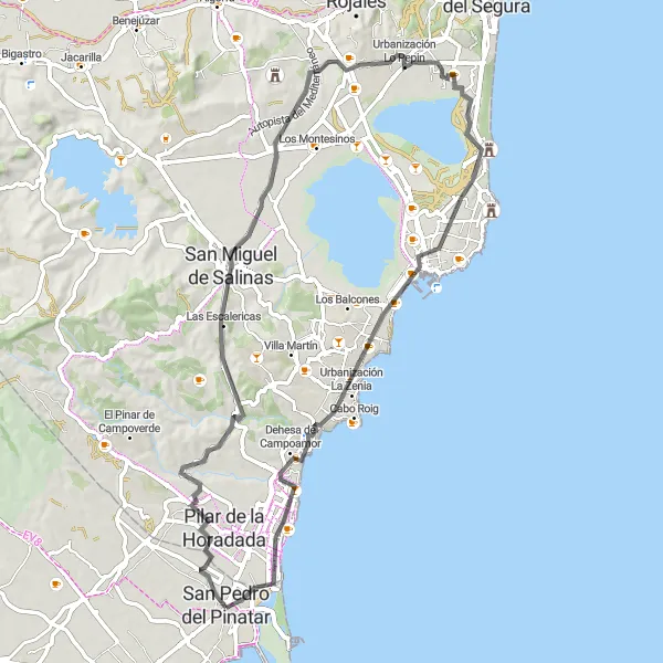 Miniatura della mappa di ispirazione al ciclismo "Giro in bicicletta da San Pedro del Pinatar a La Mata e El Mojón" nella regione di Región de Murcia, Spain. Generata da Tarmacs.app, pianificatore di rotte ciclistiche