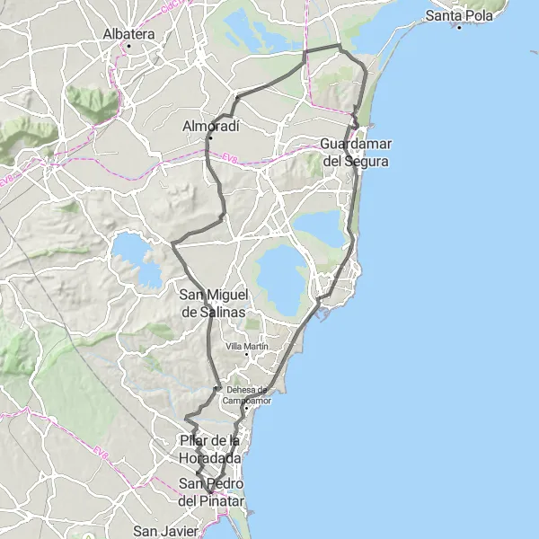 Miniatura della mappa di ispirazione al ciclismo "Giro in bicicletta da San Pedro del Pinatar a La Marina e Mil Palmeras" nella regione di Región de Murcia, Spain. Generata da Tarmacs.app, pianificatore di rotte ciclistiche